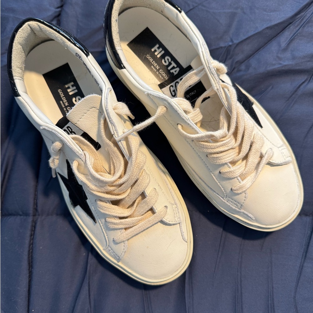 Golden Goose White and Black Hi Star Sneakers